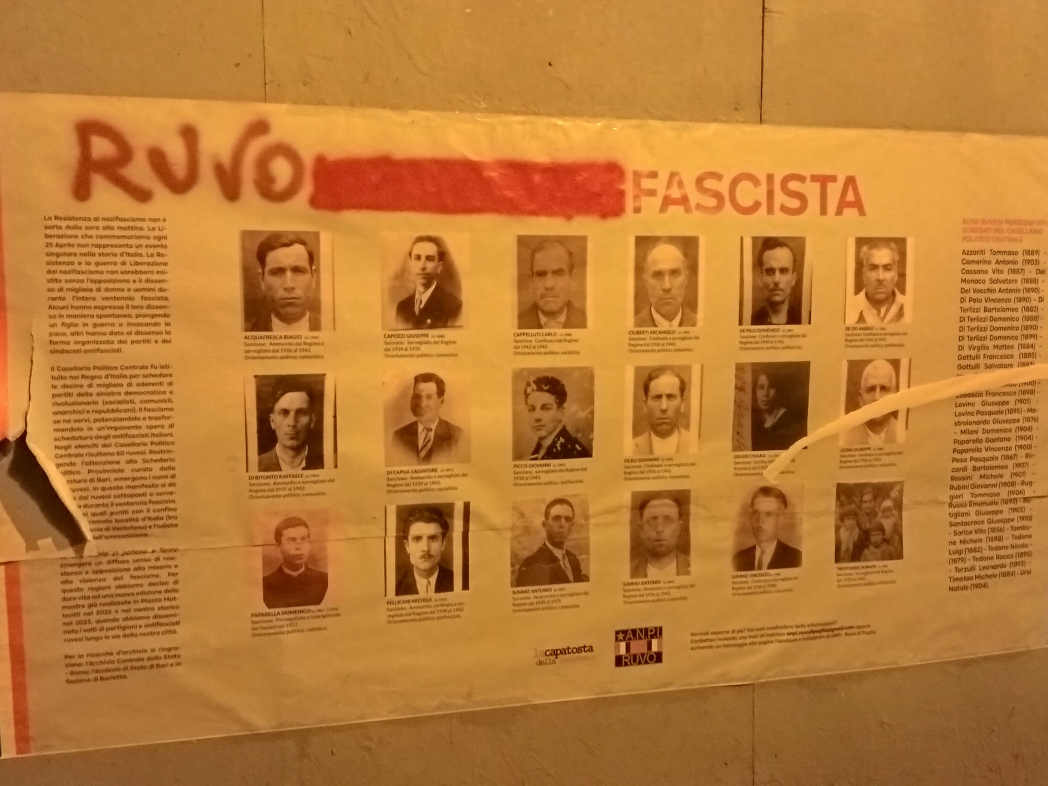 Comitato provinciale Anpi: «Atto di stampo neofascista». Chieco: «Ruvo ripudia il fascismo»