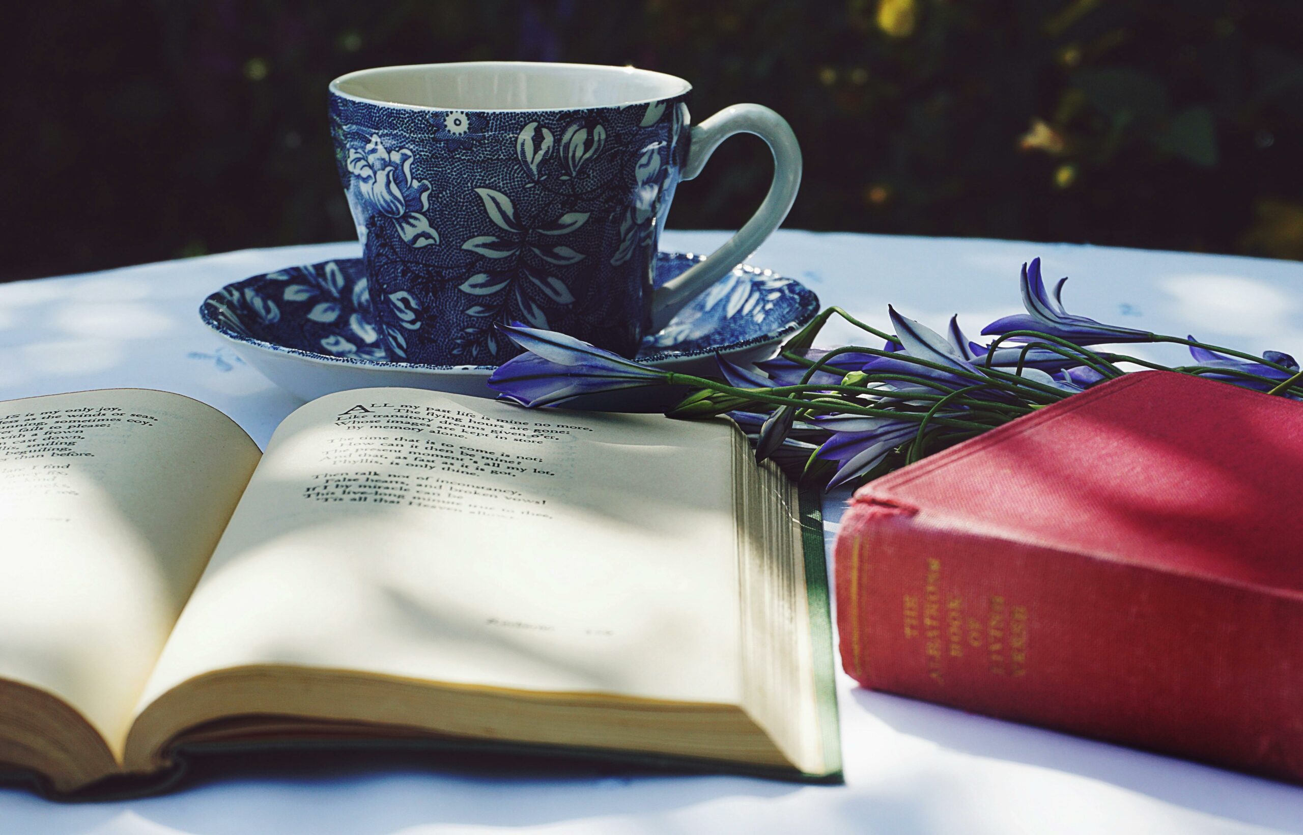 Libro Aperto Sulla Parte Superiore Del Tavolo Bianco Accanto Al Libro Rosso Chiuso E Alla Tazza In Ceramica Con Fogliame Blu Rotondo Sulla Parte Superiore Del Piattino